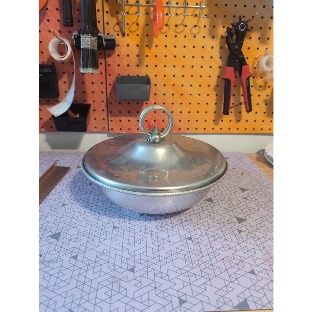 Vintage B.H.W. Pewter Covered Dish with Split Glass Bowl Insert